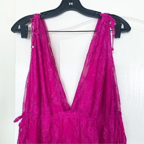 Alexis Dress Umbria Tiered Lace Tulle Silk Maxi Wedding Pink Fuchsia XS GUC - Picture 6 of 11